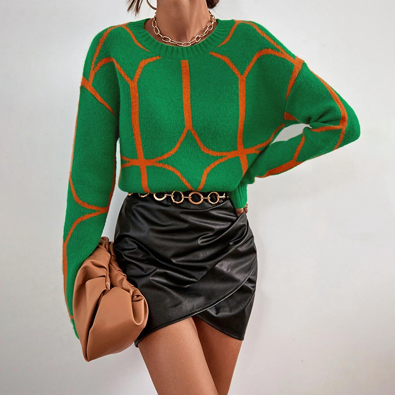 Geo Pattern Drop Shoulder Sweater-ABOXUN