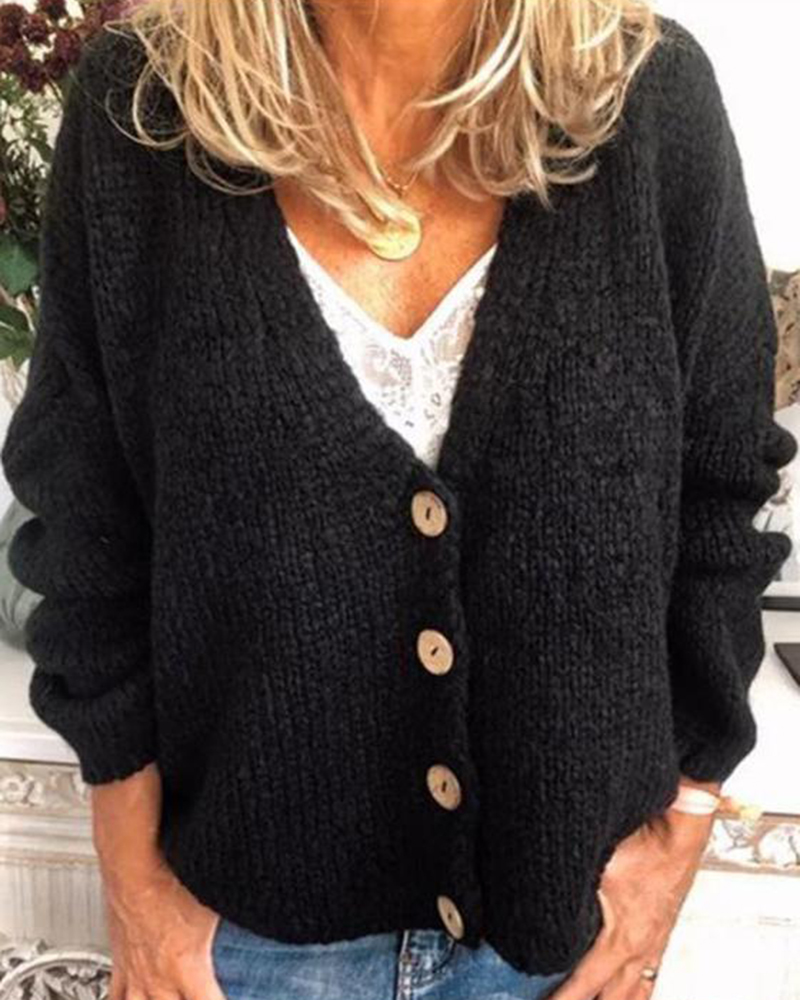LOOSE CASUAL SINGLE BREASTED V-NECK KNITTED SWEATERS-ABOXUN