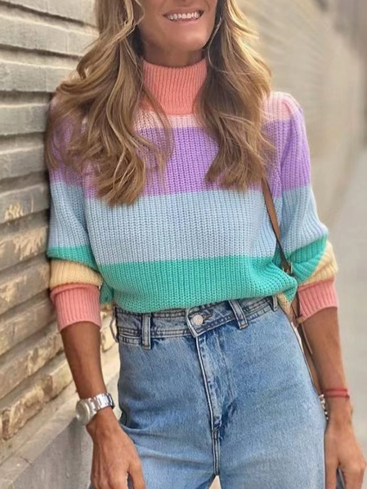 Contrast Turtleneck Long Sleeve Loose Sweater-ABOXUN