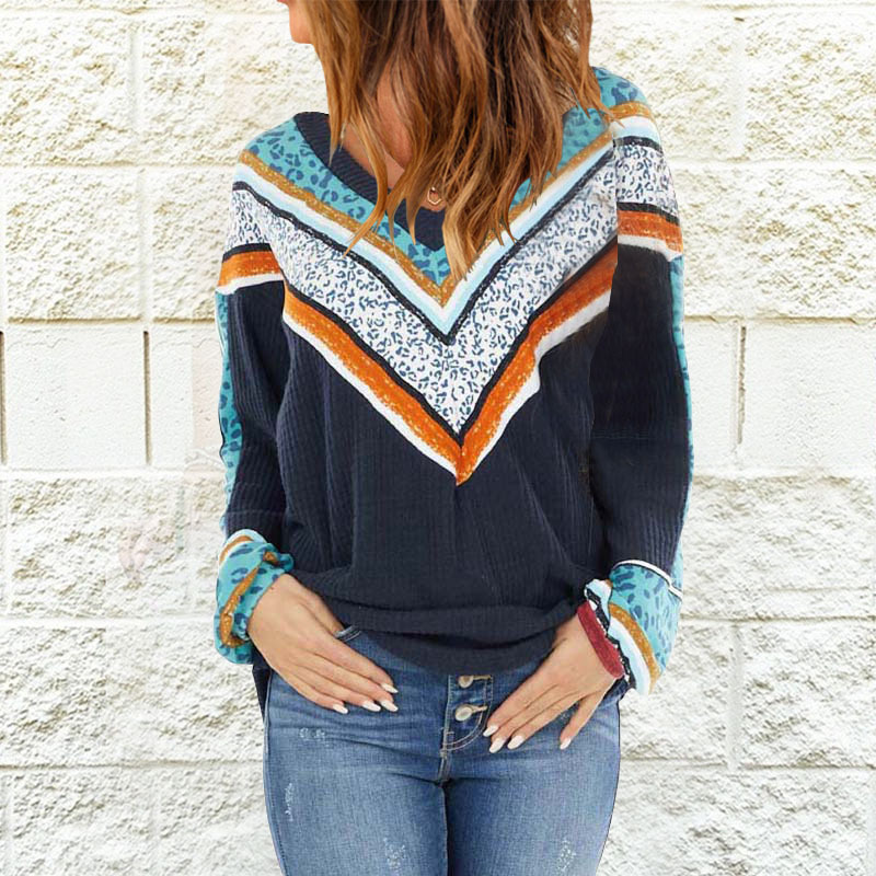 Vintage V-Neck Colorblock Leopard Print Sweater-ABOXUN