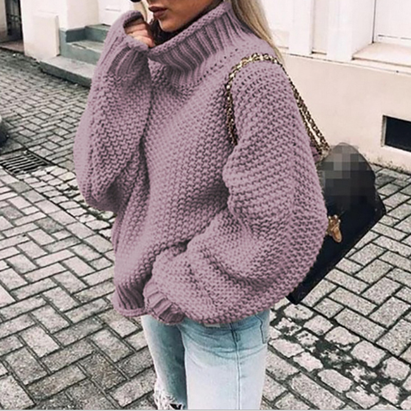 Chunky Half Turtleneck Doll Sleeve Loose Sweater-ABOXUN