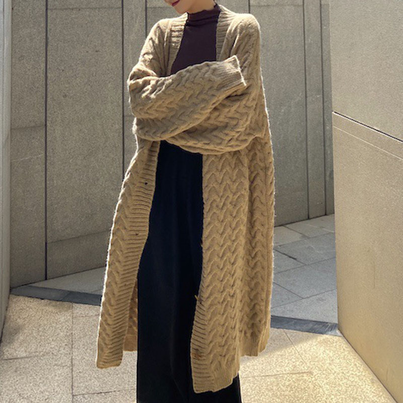 Long Twist Knit Sweater Thick Wool Sweater Cardigan-ABOXUN
