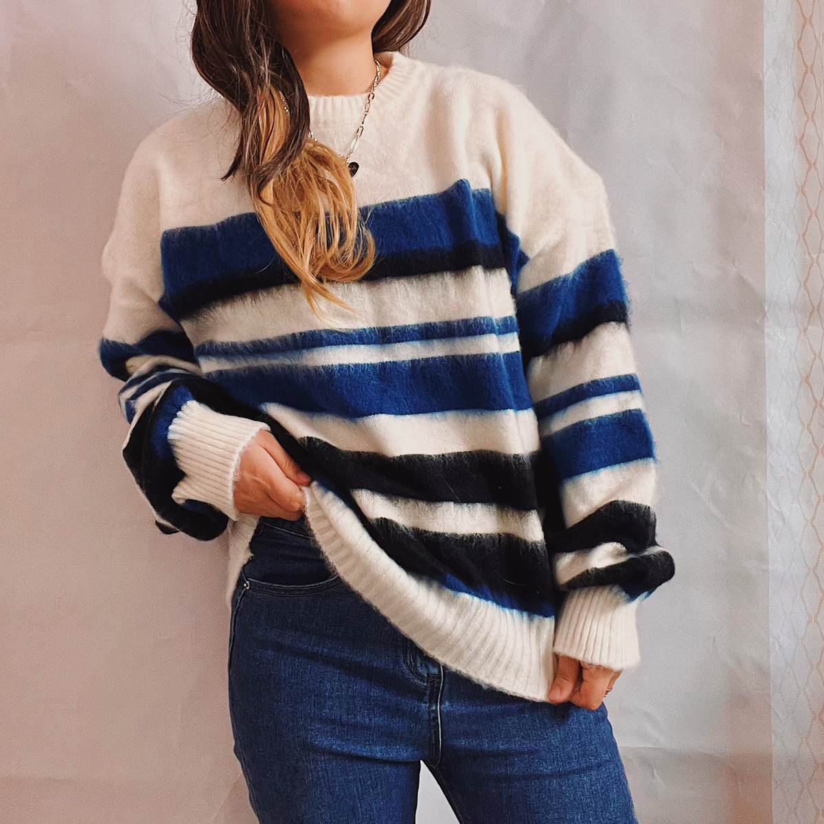 Vintage Long Sleeve Crewneck Striped Sweater-ABOXUN