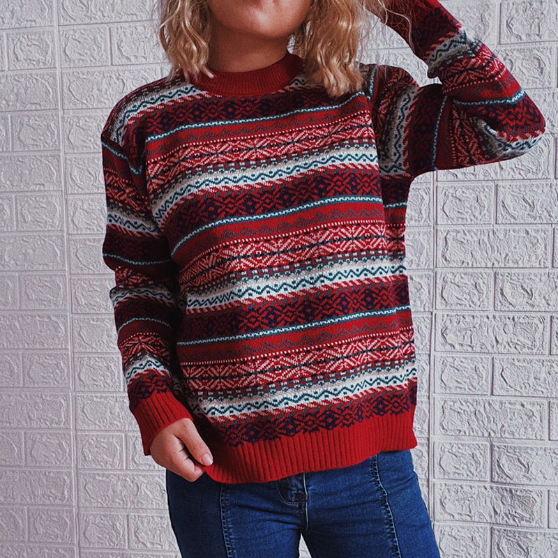 Vintage Ethnic Striped Crew Neck Long Sleeve Sweater-ABOXUN