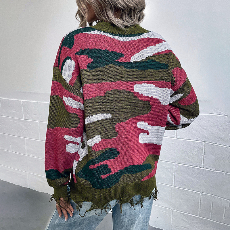 V Neck Ripped Contrast Camouflage Jacquard Sweater-ABOXUN