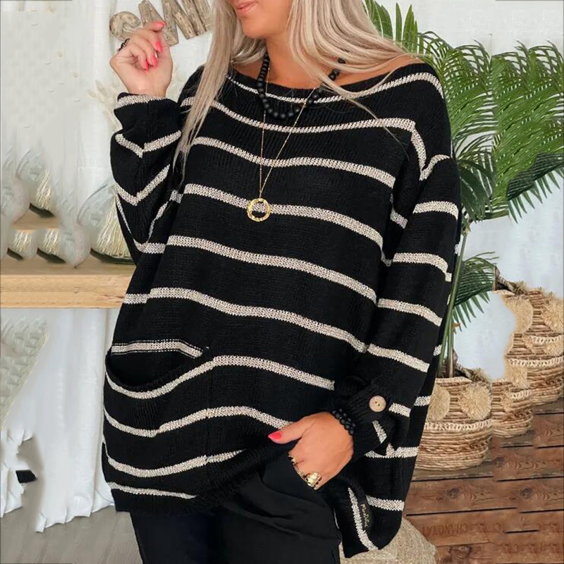 Contrast Stripe Pullover Crewneck Loose Sweater-ABOXUN