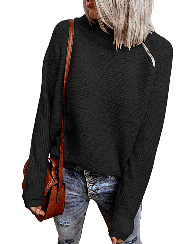 Pure Color Zipper Knitted Sweater-ABOXUN