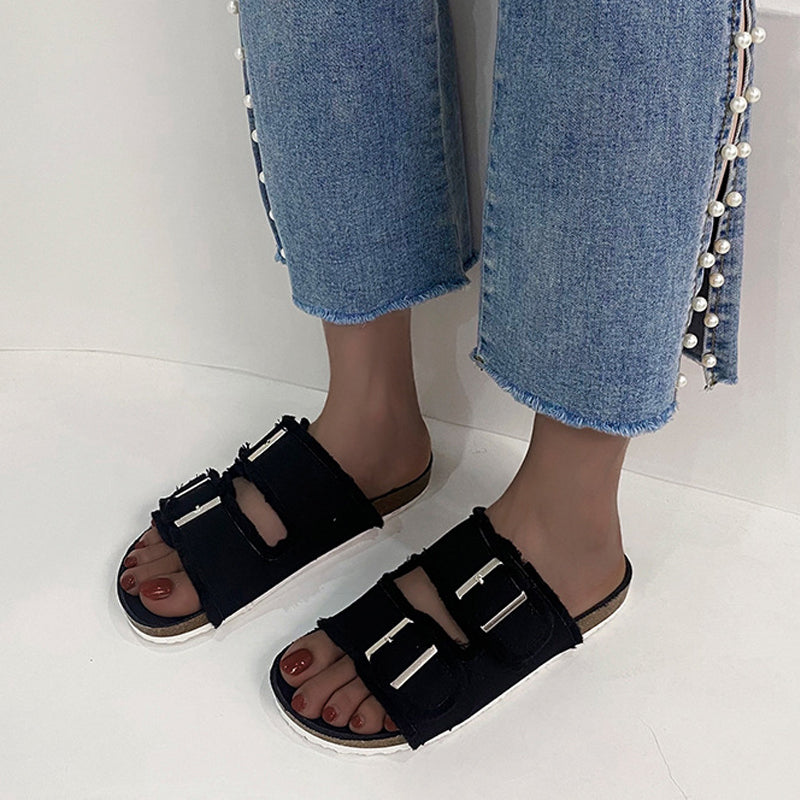 Ladies Denim Buckle Sandals-ABOXUN
