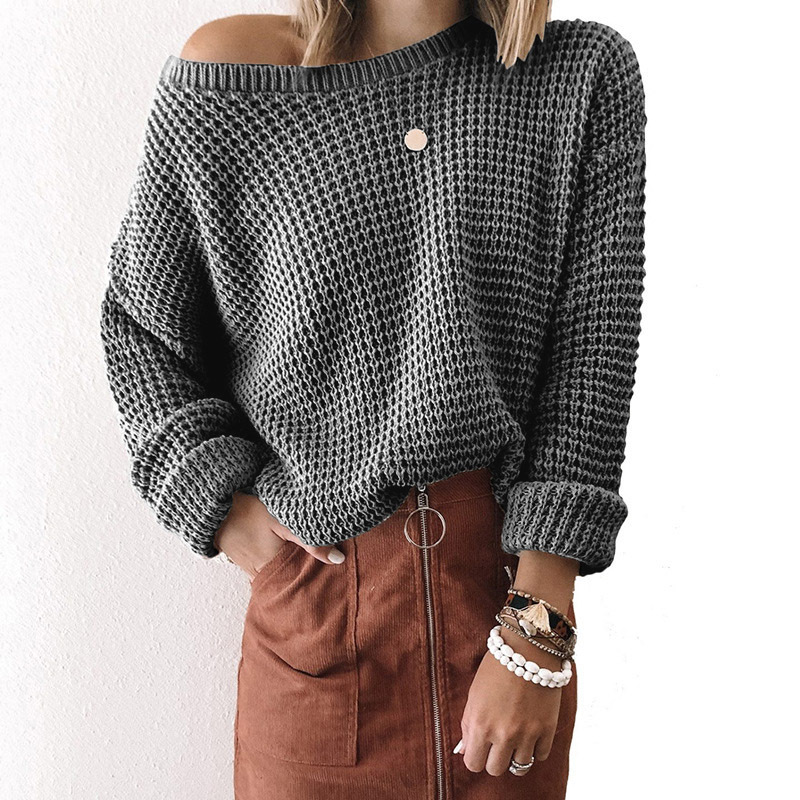 Loose Solid Color Inclined Collar Long Sleeve Knitted Sweater-ABOXUN