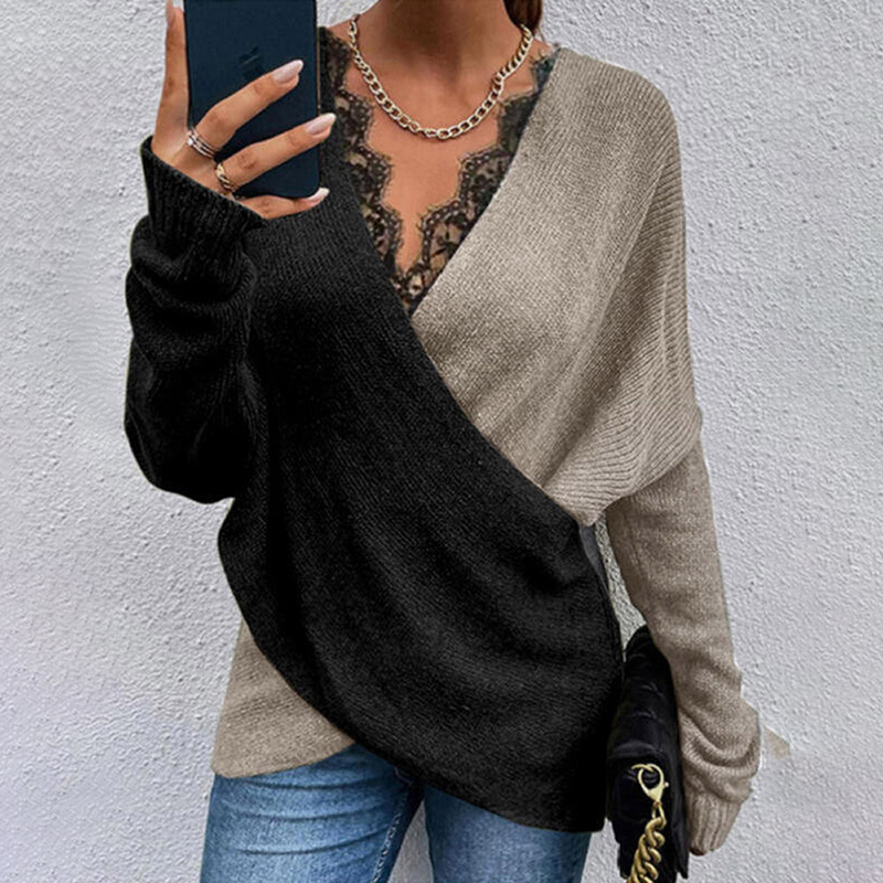 Colorblock V Neck Panel Lace Loose Sweater-ABOXUN