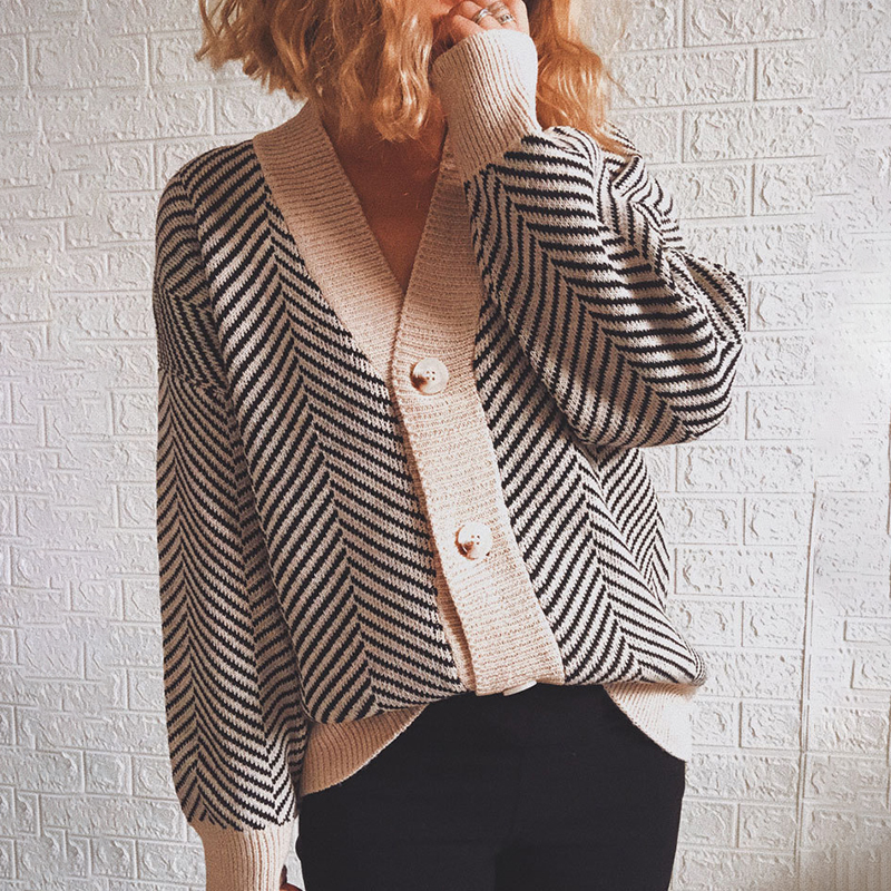 Single-Breasted Diamond Stripe Cardigan-ABOXUN