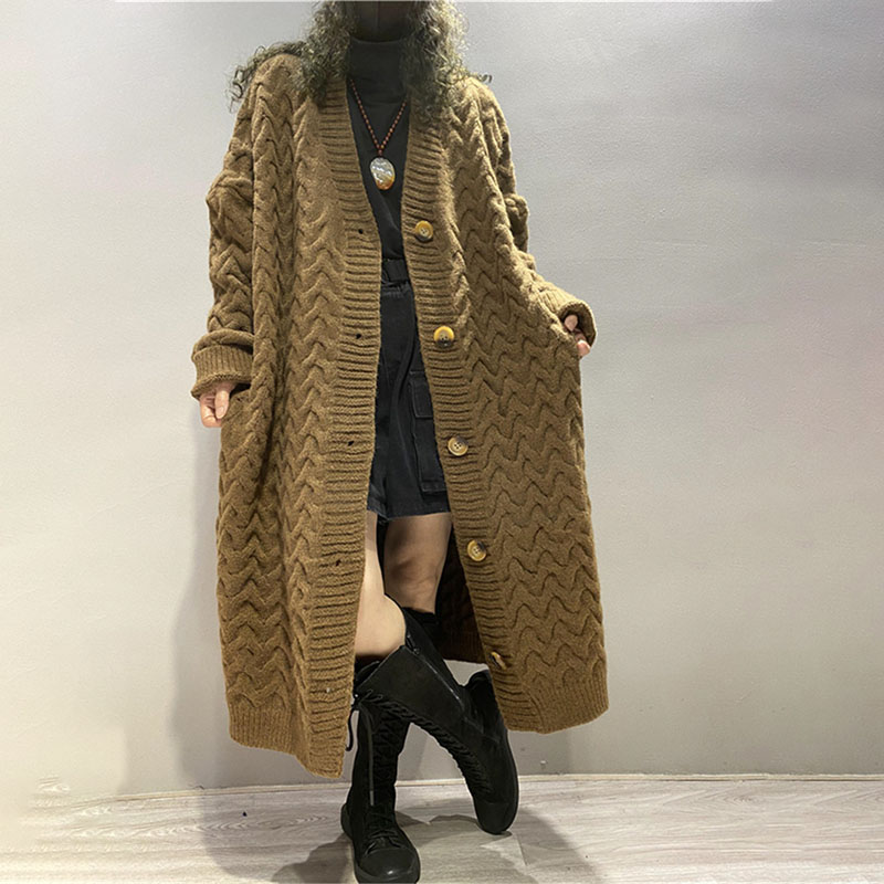 Long Twist Knit Sweater Thick Wool Sweater Cardigan-ABOXUN