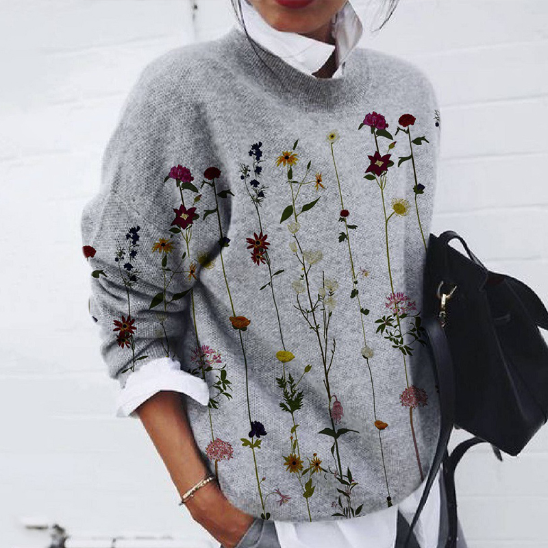 Fashion Brushed Flower Print Loose Long-Sleeved Top-ABOXUN