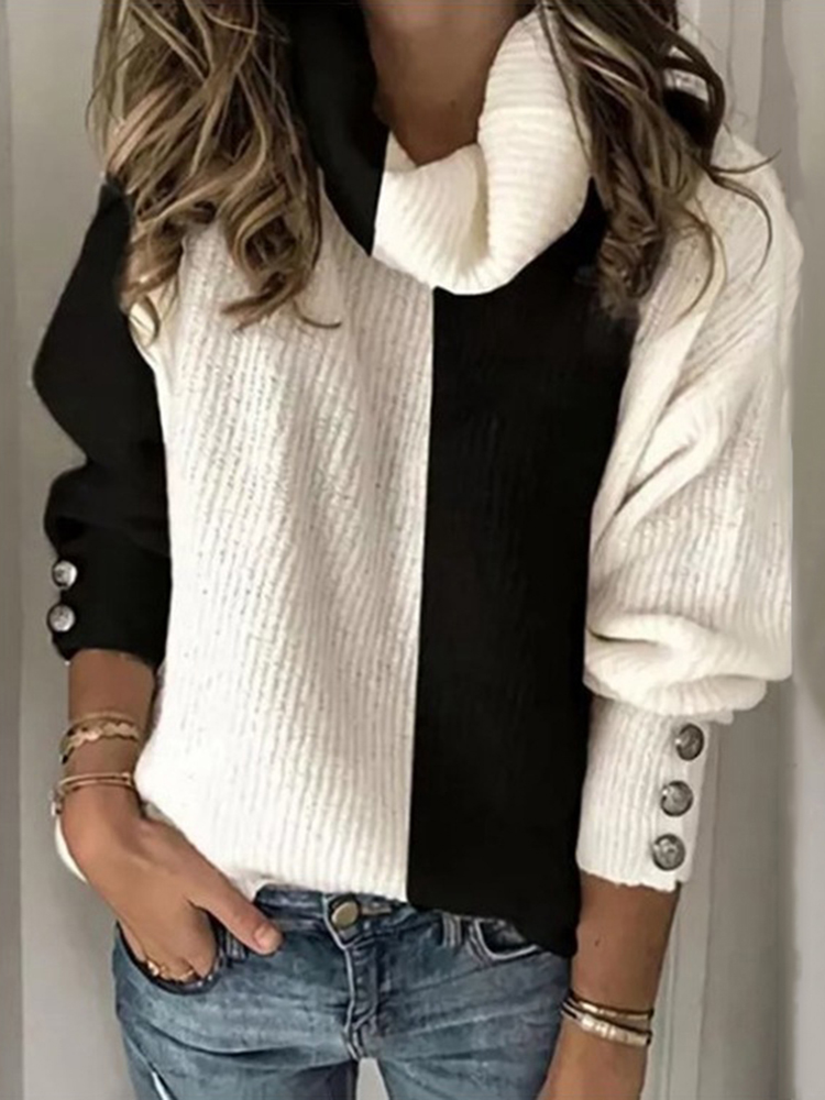 Vintage Contrast Panel Turtleneck Sweater-ABOXUN