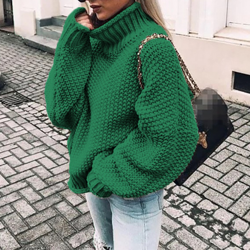 Chunky Half Turtleneck Doll Sleeve Loose Sweater-ABOXUN