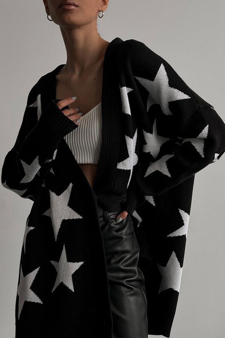 Loose Star Long Sleeve Sweater Cardigan-ABOXUN
