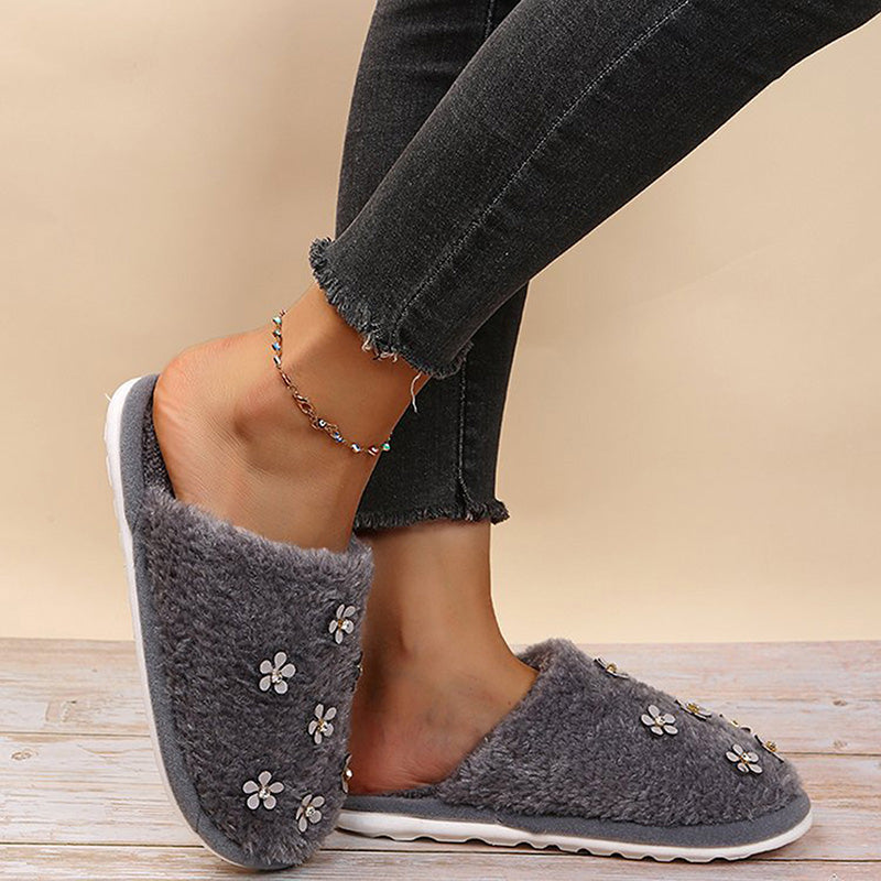 Rhinestone Flower Decorated Fluffy Closed Toe Flat Cotton Slippers-ABOXUN