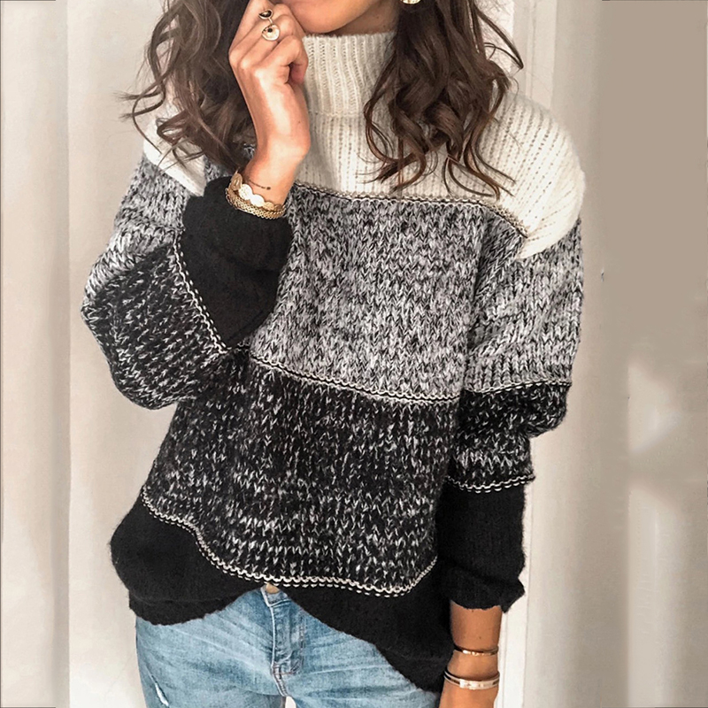 Casual Striped Panel Turtleneck Contrast Sweater-ABOXUN