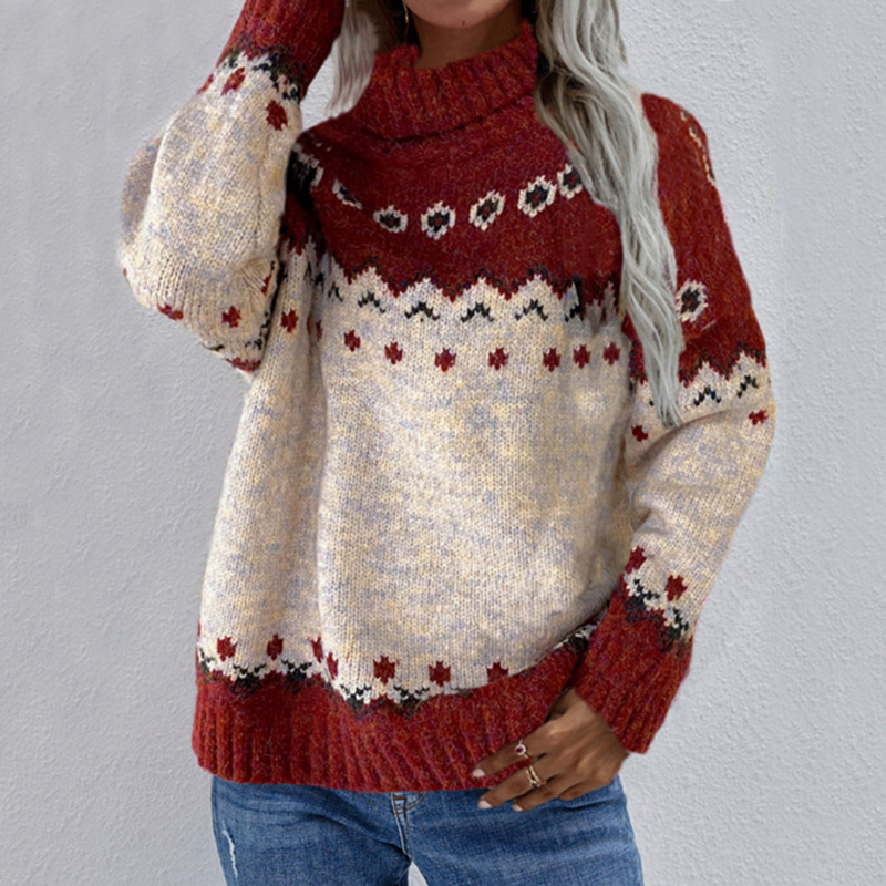Long Sleeve Jacquard Turtleneck Thick Sweater-ABOXUN