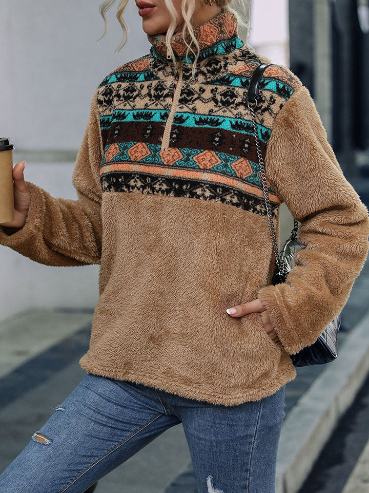 Pullover Colorblock Geometric Print Crew Neck Long Sleeve Plush Sweatshirt-ABOXUN