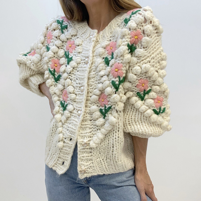 Chain Link Embroidered Floral Pearl Knit Cardigan-ABOXUN