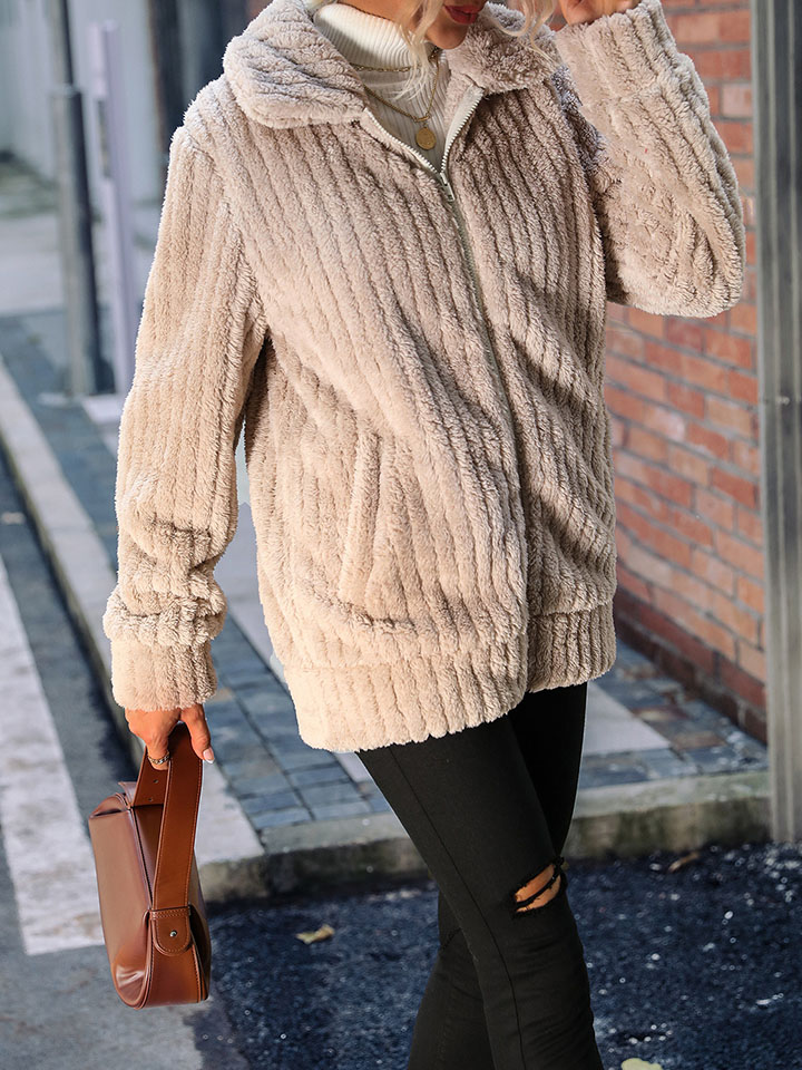 Solid color mid-length double-sided fleece plush coat-ABOXUN