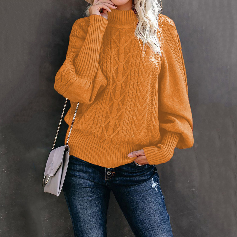 Loose Solid Color Lantern Sleeve Sweater-ABOXUN