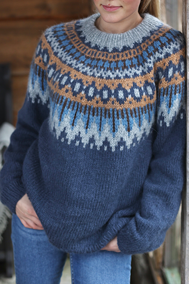 Vintage Fairman Island Contrast Panel Jacquard Sweater-ABOXUN