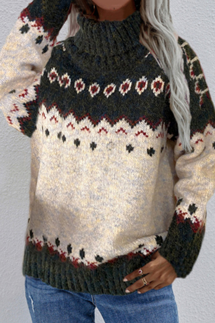 Long Sleeve Jacquard Turtleneck Thick Sweater-ABOXUN
