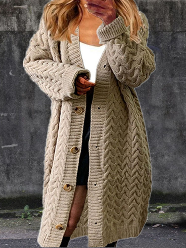 Solid Color Loose Mid Length Twist Button Sweater Cardigan-ABOXUN