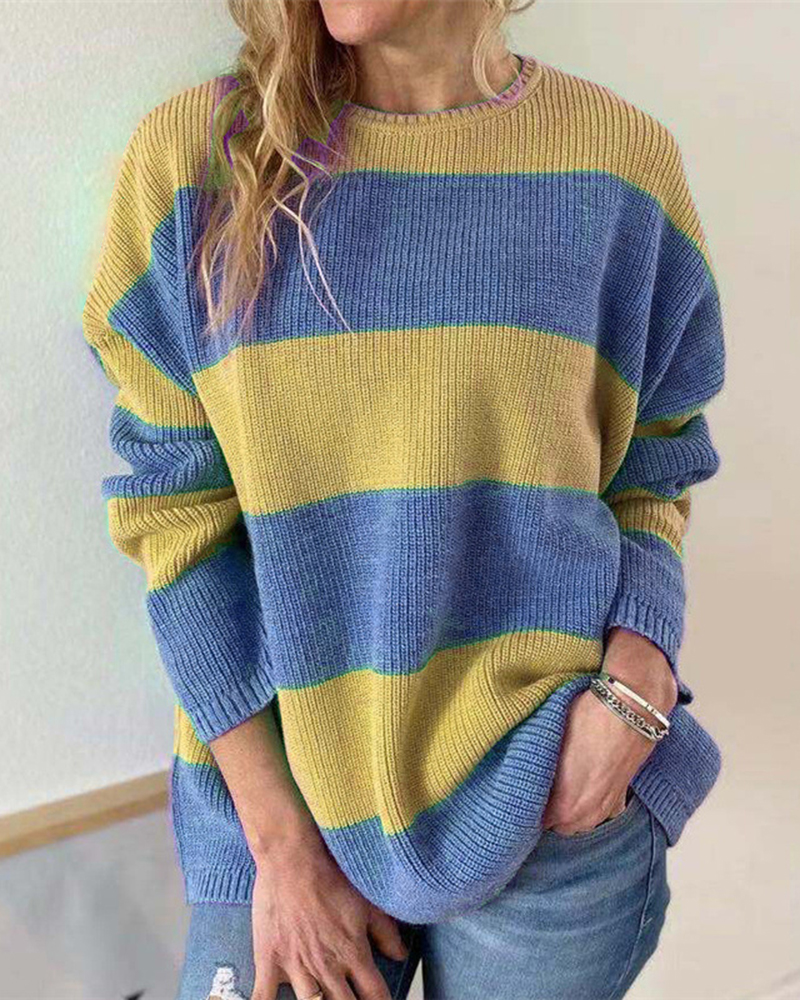 Striped Contrast Pullover Sweater-ABOXUN