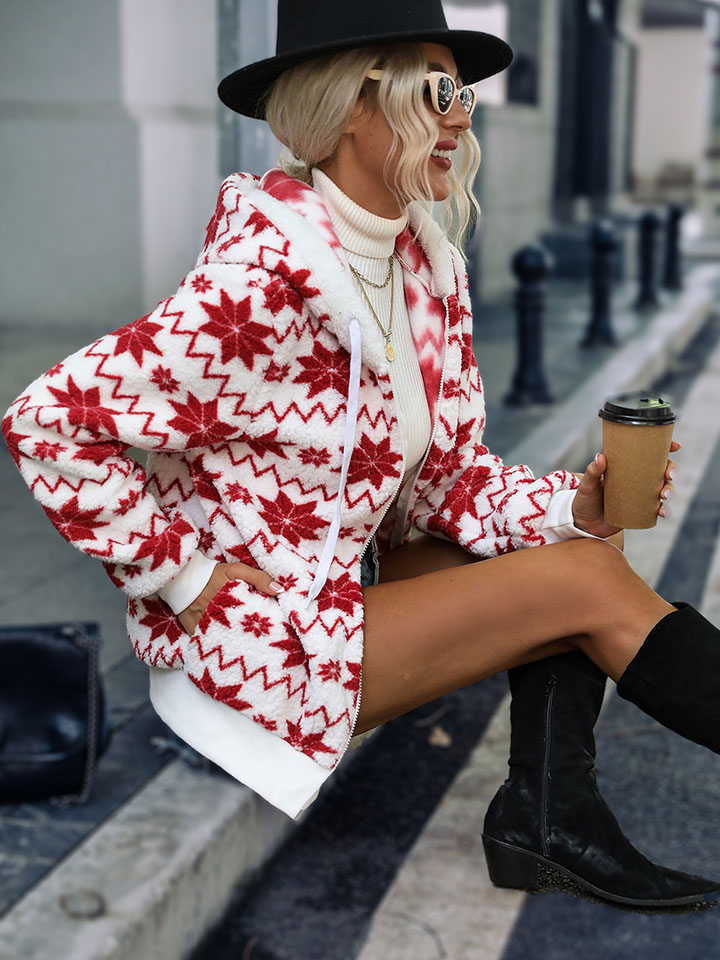 Hooded Geometric Print Long Sleeve Zip Plush Jacket-ABOXUN