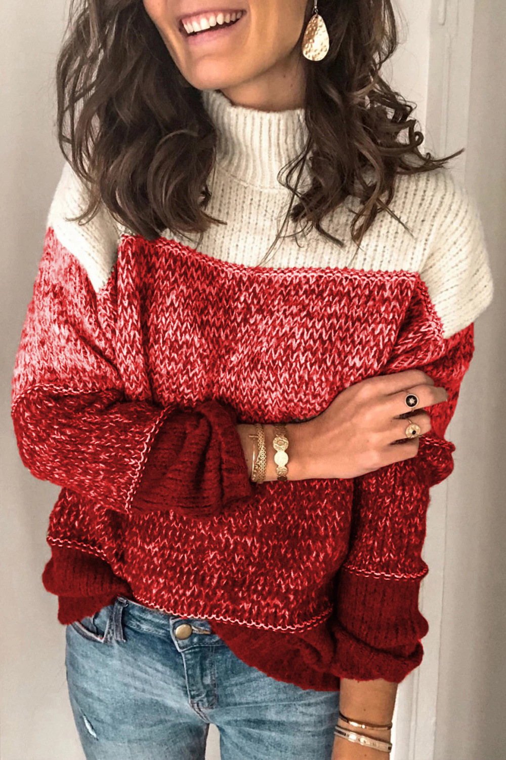 Striped Stitching Turtleneck Contrast Sweater-ABOXUN