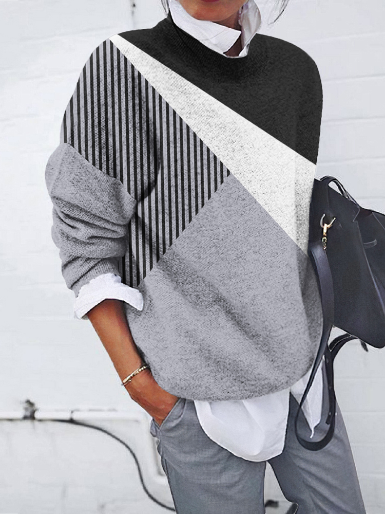 Round Neck Patchwork Color Block Stripe Contrast Top-ABOXUN