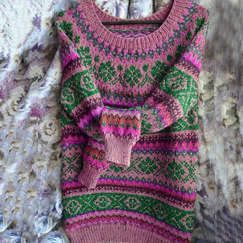 Vintage Crew Neck Long Sleeve Knit Loose Sweater-ABOXUN