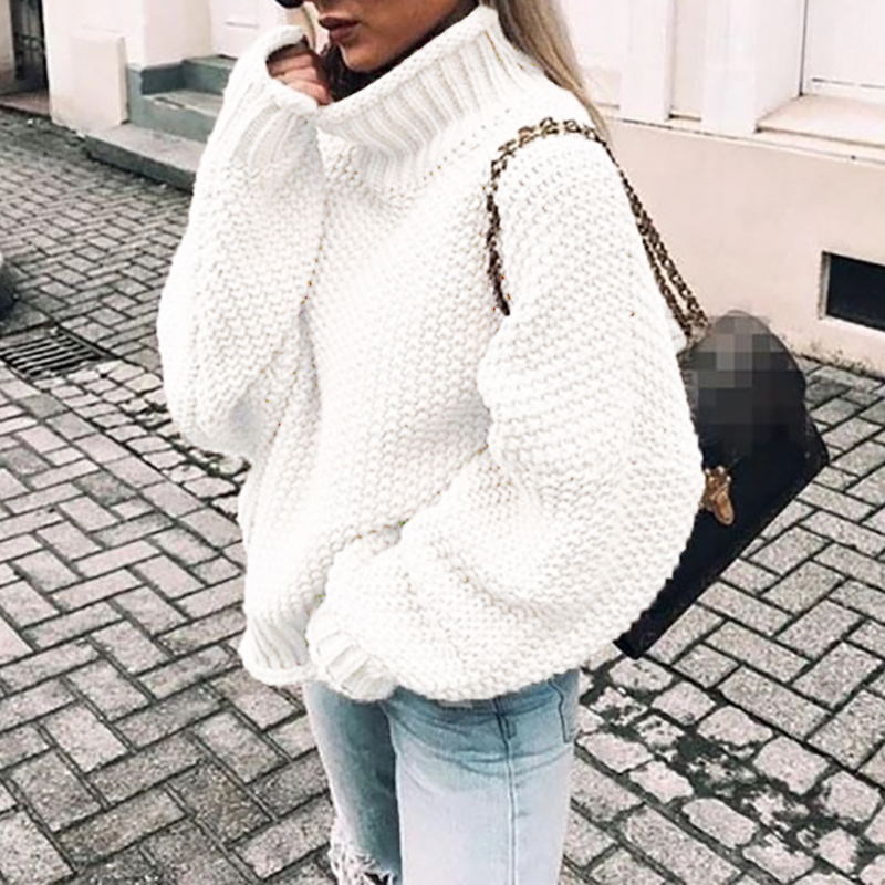 Chunky Half Turtleneck Doll Sleeve Loose Sweater-ABOXUN