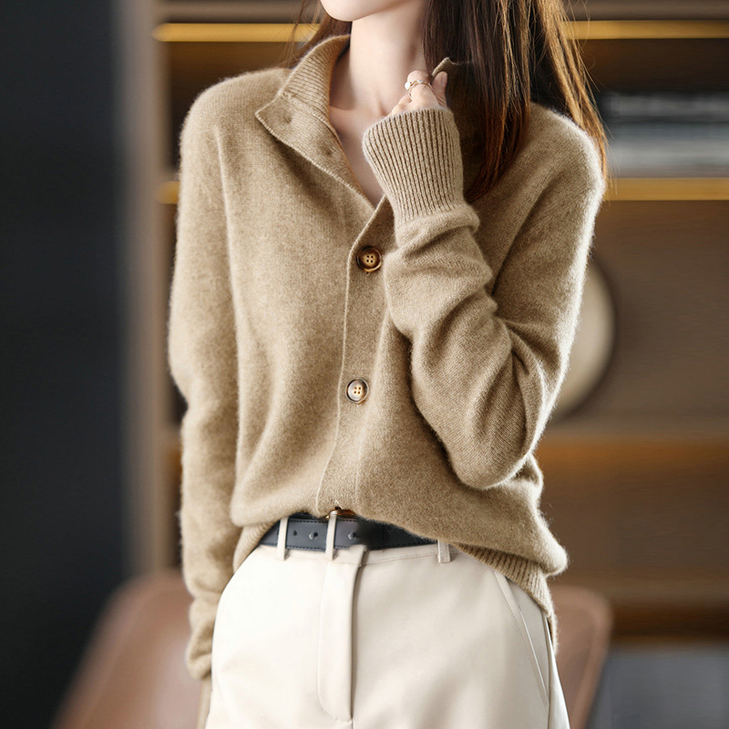 Solid Button Stand Collar Knitted Cardigan-ABOXUN
