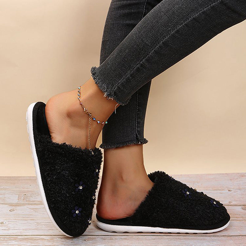 Rhinestone Flower Decorated Fluffy Closed Toe Flat Cotton Slippers-ABOXUN