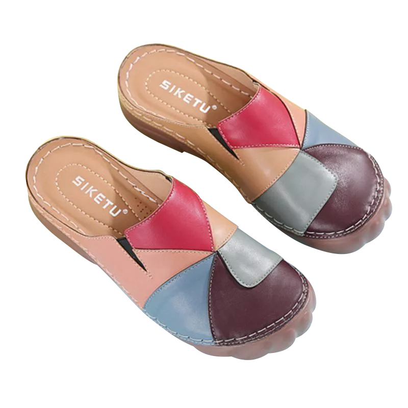 Women Comfortable Slip On Color Block Mules Slippers-ABOXUN