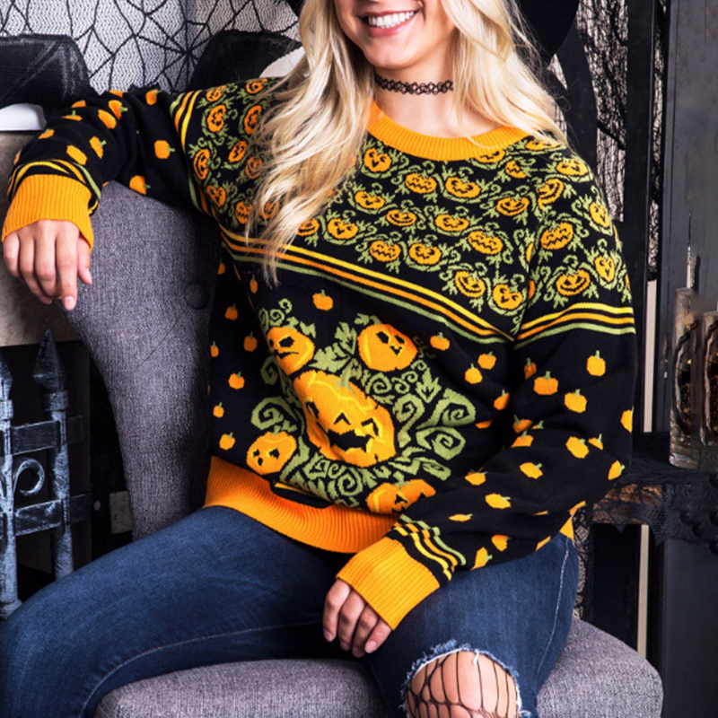 Crewneck Pumpkin Jacquard Halloween Sweater-ABOXUN