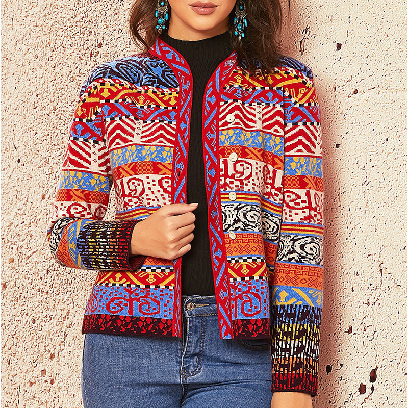Ethnic Print Long Sleeve Casual Knit Cardigan-ABOXUN