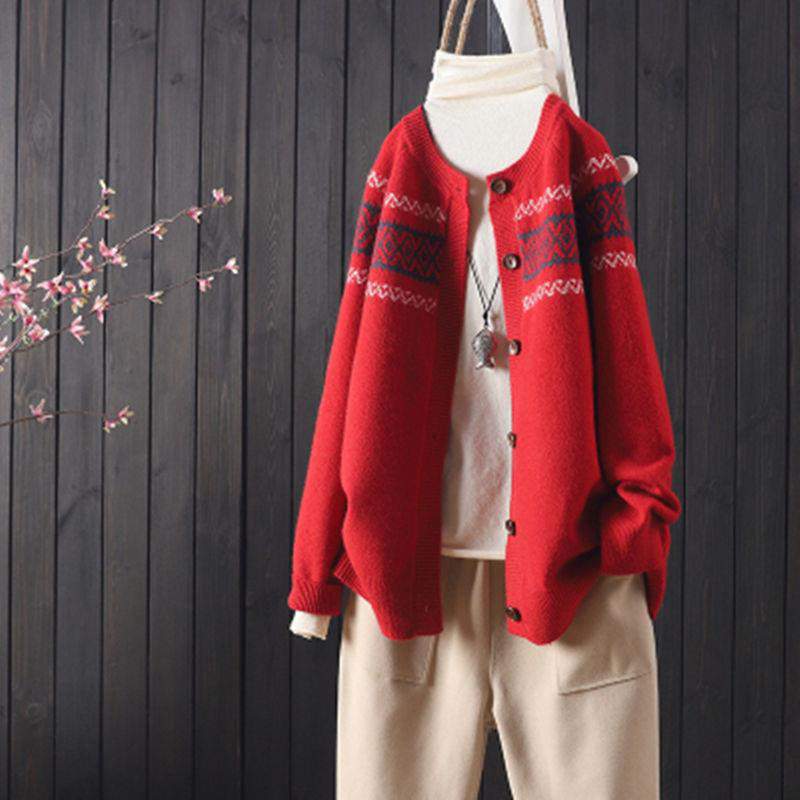 Vintage Loose Jacquard Versatile Sweater Cardigan-ABOXUN