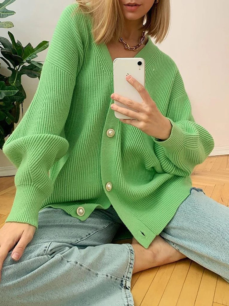 Casual Loose Solid Color Long Sleeve Pearl Button Cardigan-ABOXUN