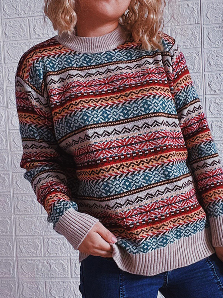 Vintage Long Sleeve Totem Striped Sweater-ABOXUN