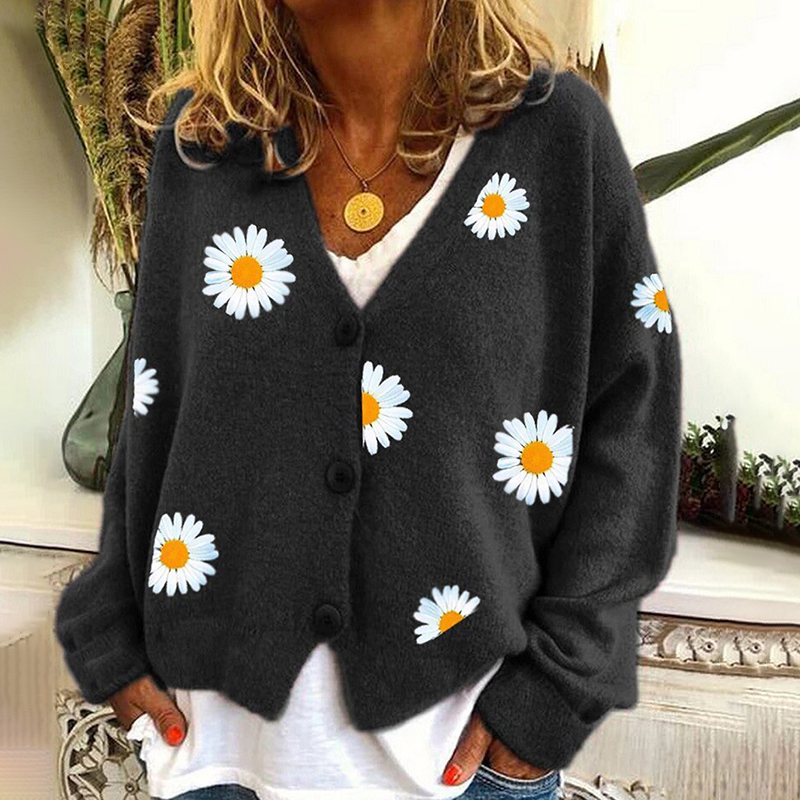 Vintage Single-Breasted Daisy Jacquard Sweater Cardigan-ABOXUN