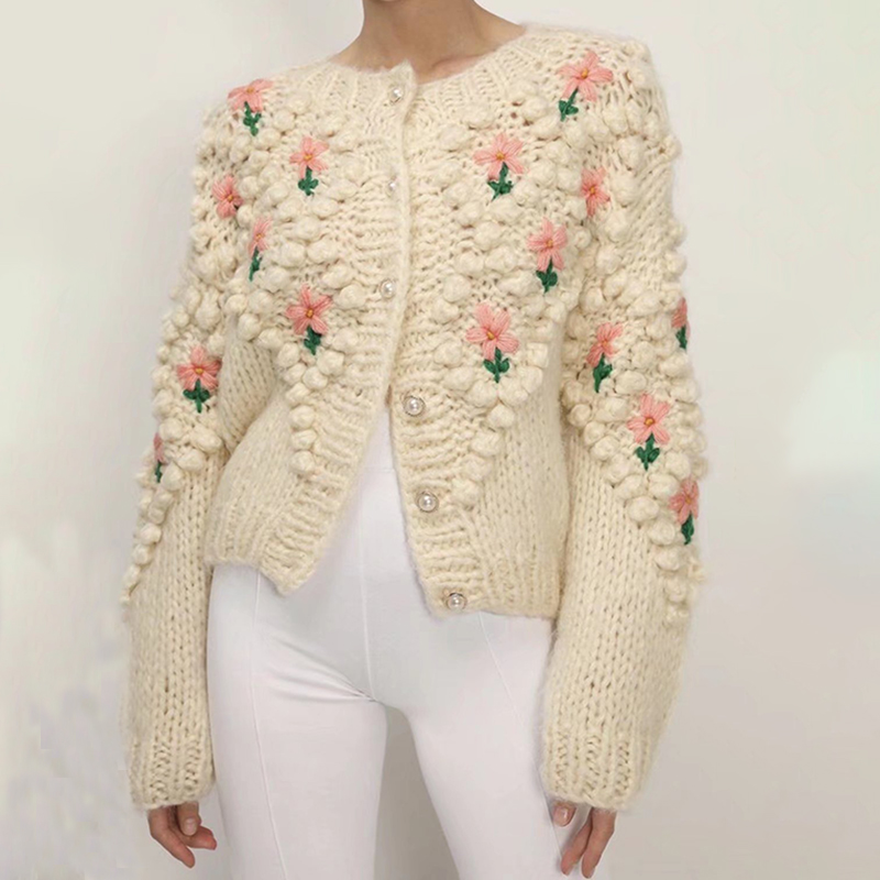 Chain Link Embroidered Floral Pearl Knit Cardigan-ABOXUN