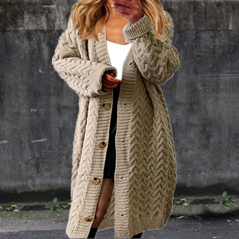 Solid Color Loose Mid Length Twist Button Sweater Cardigan-ABOXUN