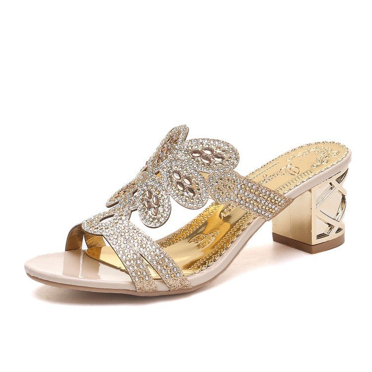 Women High Heels Slipper Peep Toe Hollow Out Crystals Slip On Beach Flip Flops Sandals-ABOXUN