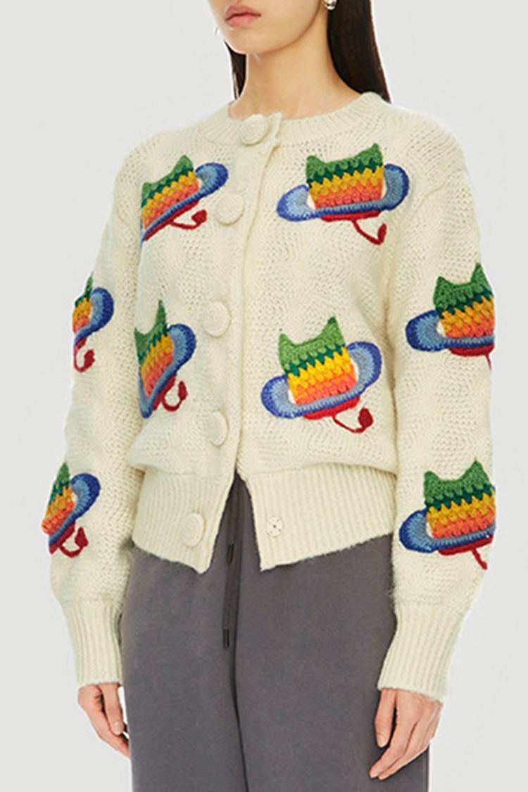 Embroidered Colorful Cat Knit Long Sleeve Cardigan-ABOXUN