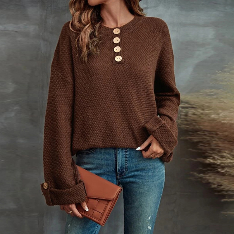 Vintage Solid Pullover Button Loose V-Neck Sweater-ABOXUN